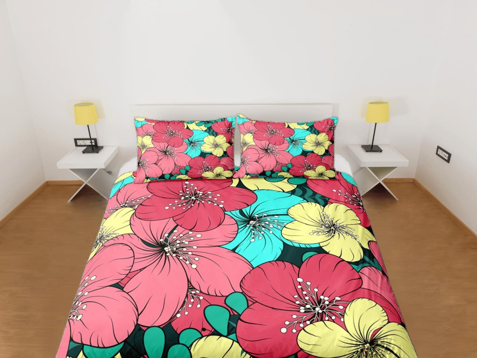 Colorful hibiscus floral bedding, luxury duvet cover queen, king, boho duvet, designer bedding, aesthetic bedding, maximal…