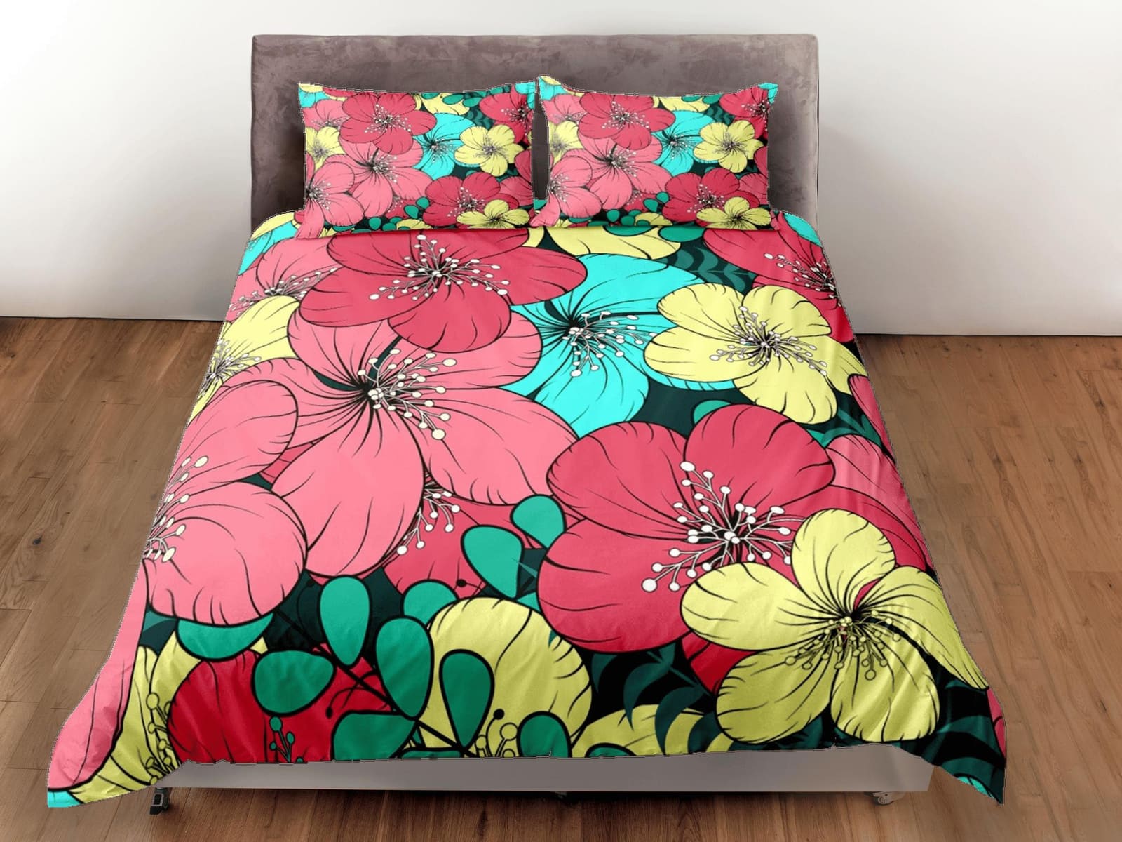 Colorful hibiscus floral bedding, luxury duvet cover queen, king, boho duvet, designer bedding, aesthetic bedding, maximal…