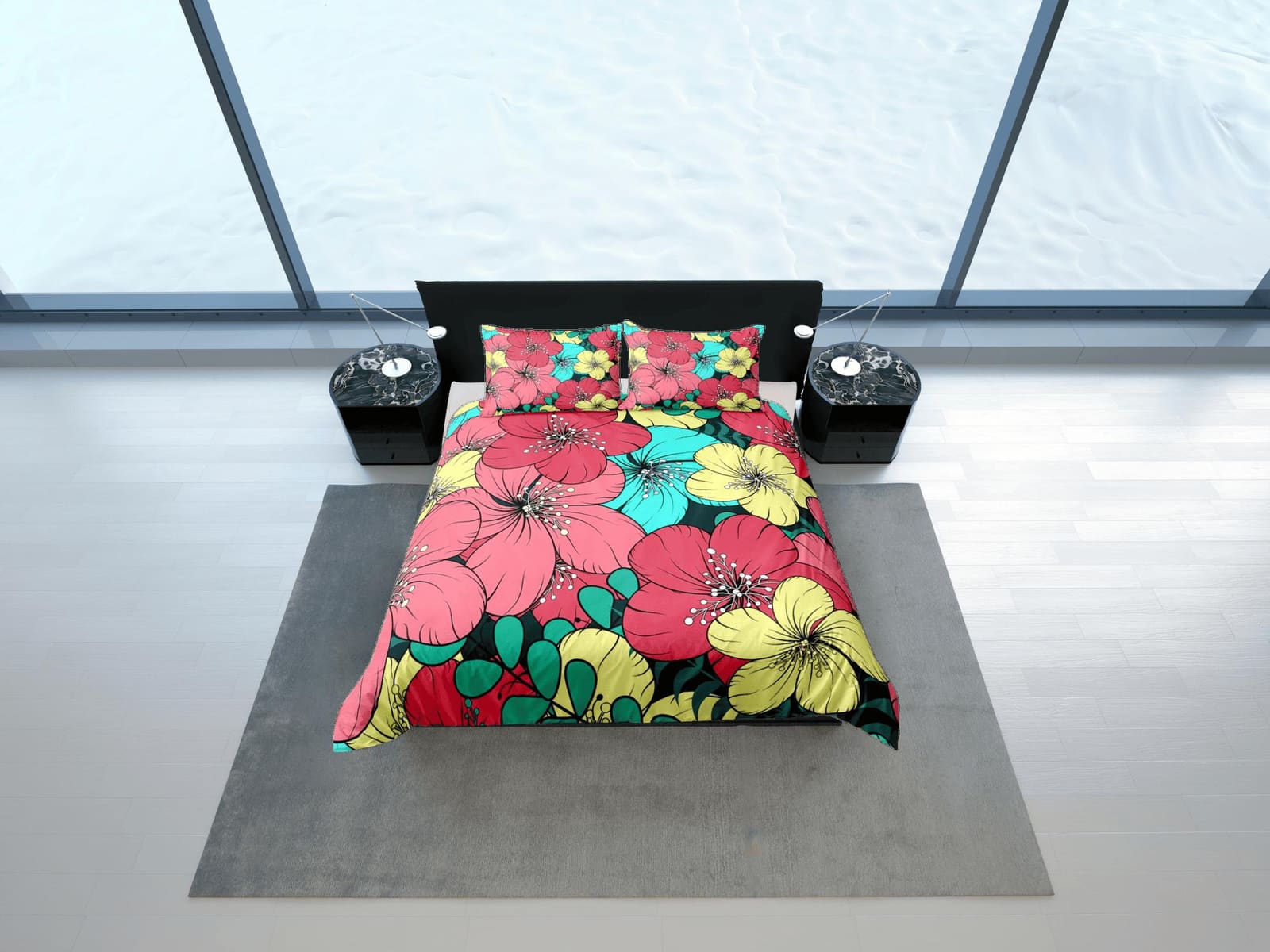 Colorful hibiscus floral bedding, luxury duvet cover queen, king, boho duvet, designer bedding, aesthetic bedding, maximal…