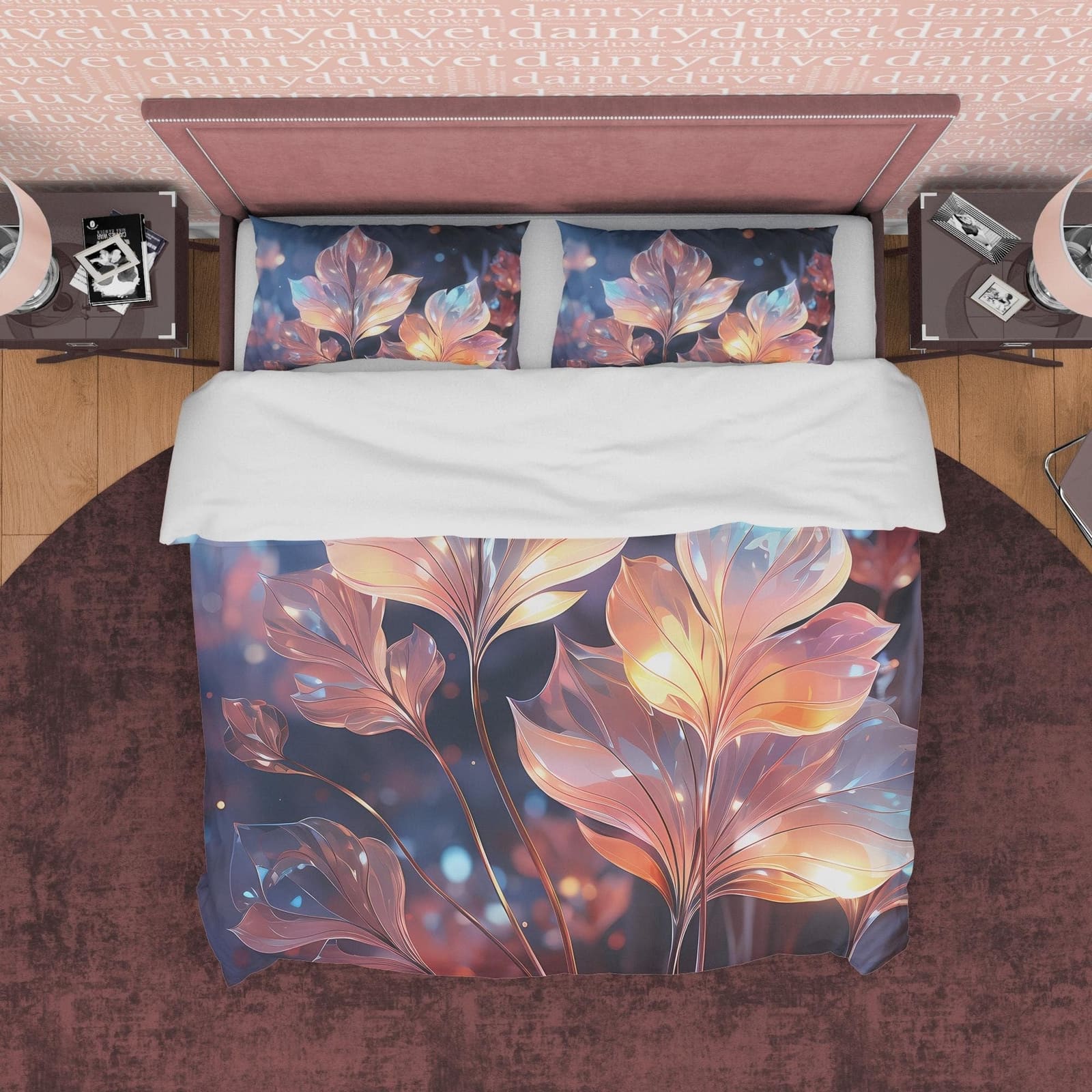 Colorful Holographic Plant Bedding Set Boho Duvet Cover, Moonstone Inspired Bedspread, Leaf Quilt Cover, Pastel Color, Gal…