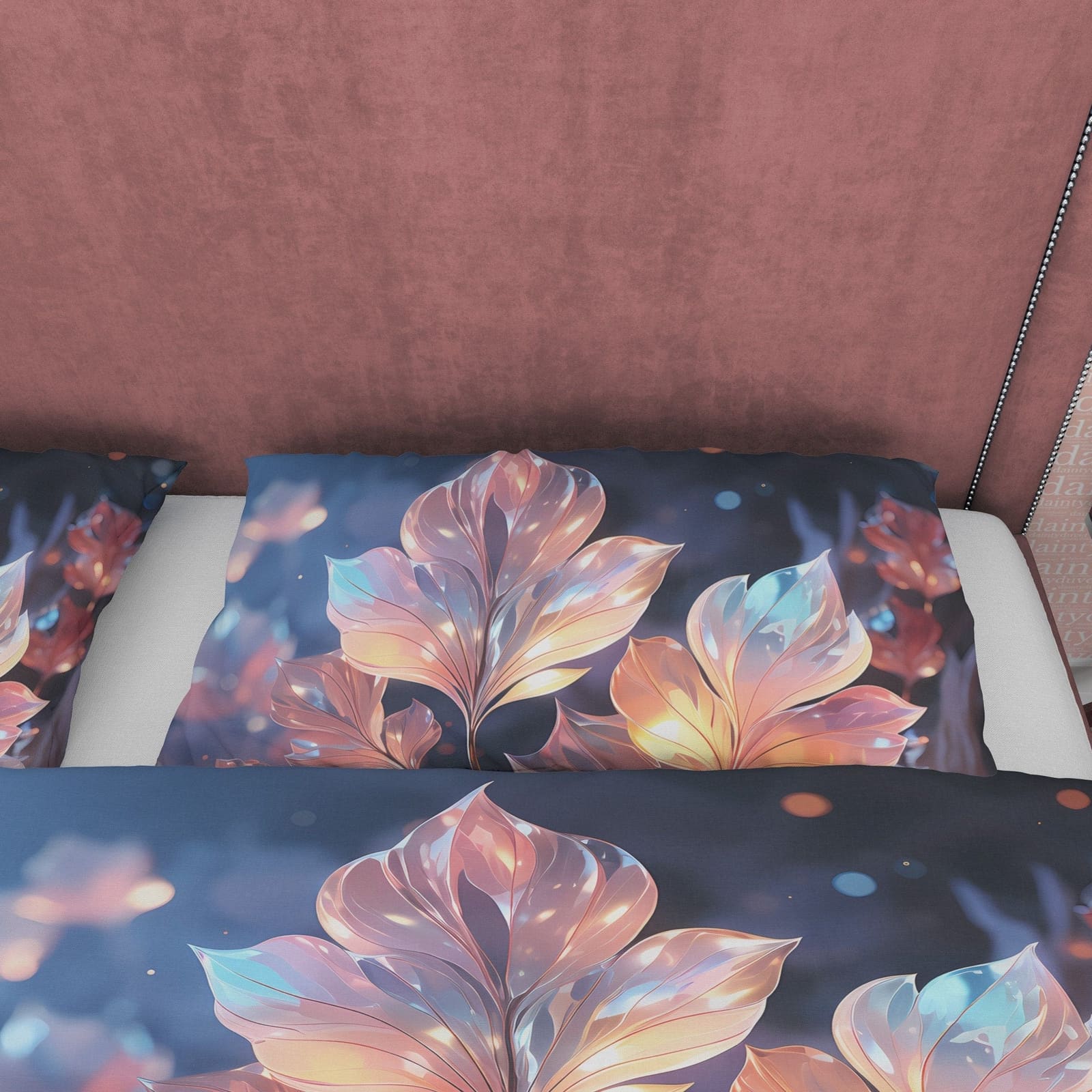 Colorful Holographic Plant Bedding Set Boho Duvet Cover, Moonstone Inspired Bedspread, Leaf Quilt Cover, Pastel Color, Gal…