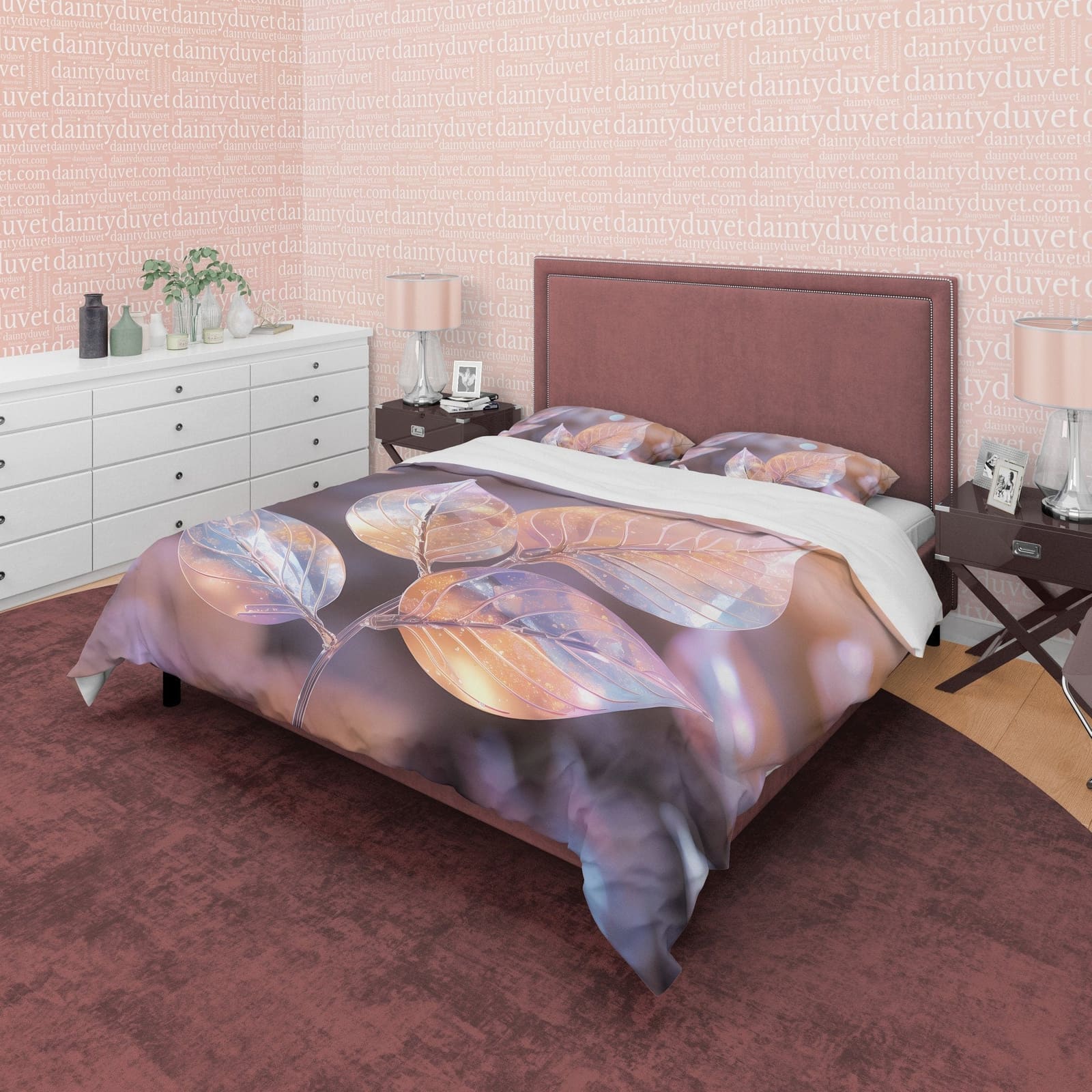 Colorful Leaf Bedding Set Boho Duvet Cover, Holographic Plant Quilt Cover, Moonstone Inspired Bedspread, Galaxy Opal Bed C…