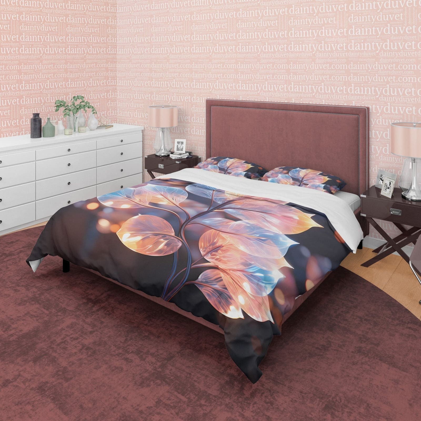 Colorful Leaf Boho Duvet Cover, Holographic Plant Quilt Cover Night Light Bed Cover, Unique Glass Like Plant Bedding, Plan…