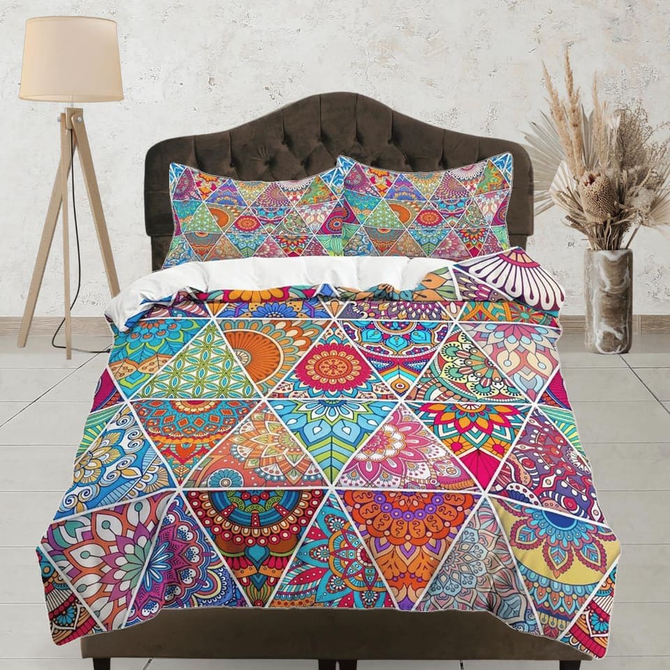 Colorful mexican patchwork quilt printed duvet cover set, aesthetic room bedding set full, king, queen size, boho bedsprea…