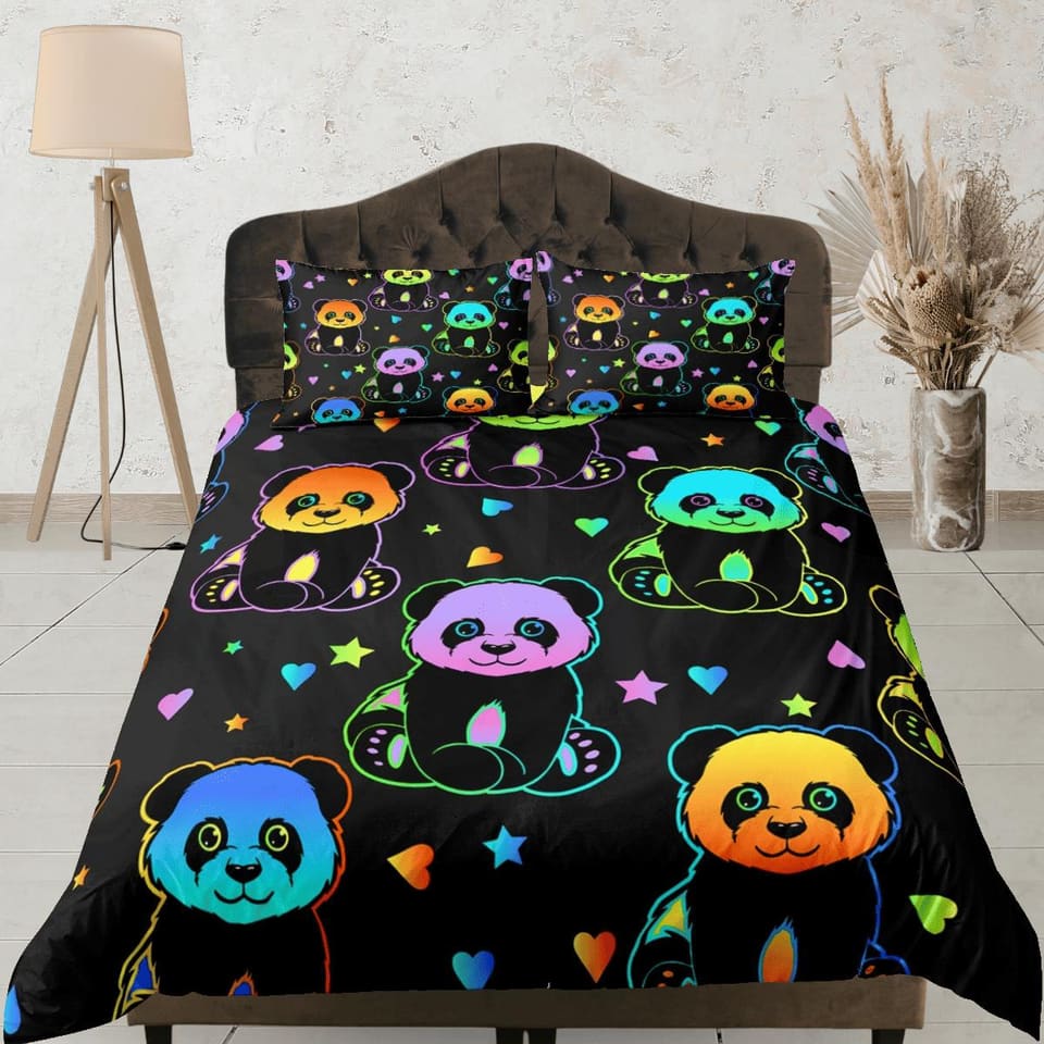 Colorful neon panda duvet cover kids, bedding set full, king, queen, dorm bedding, toddler bedding, aesthetic bedspread, p…