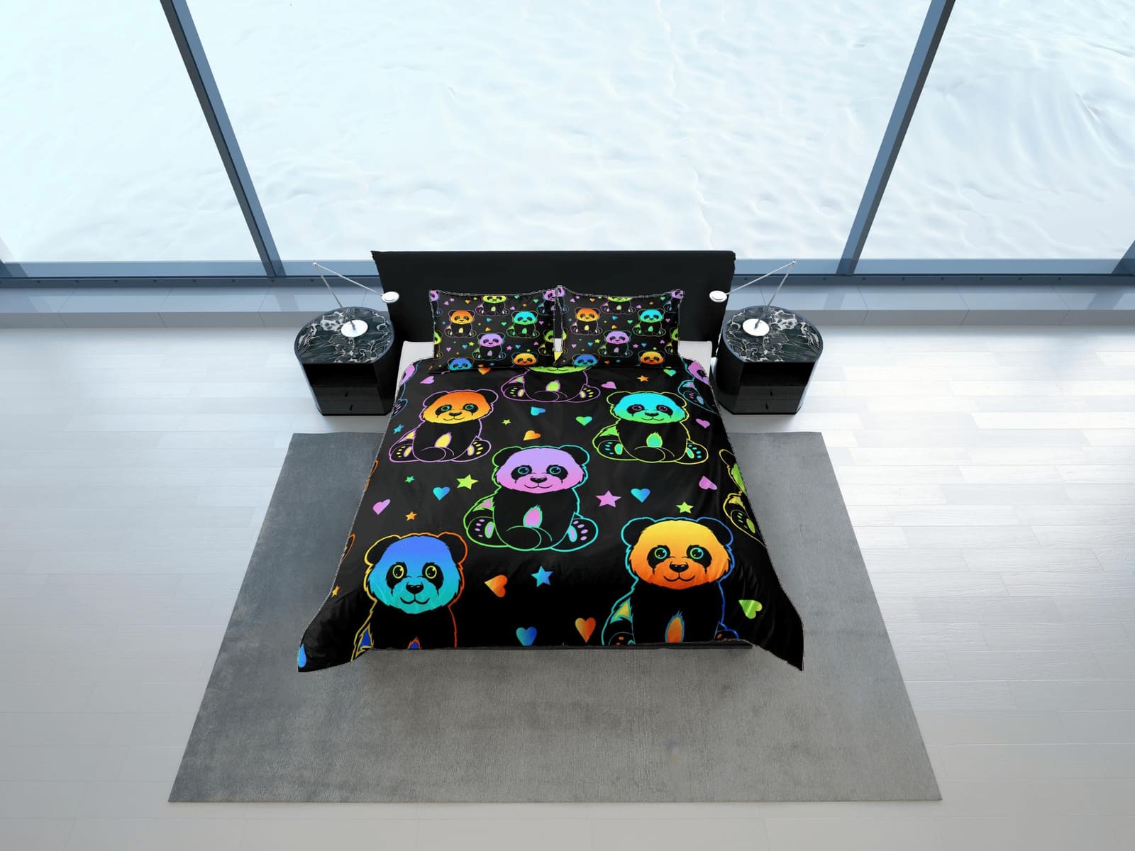 Colorful neon panda duvet cover kids, bedding set full, king, queen, dorm bedding, toddler bedding, aesthetic bedspread, p…