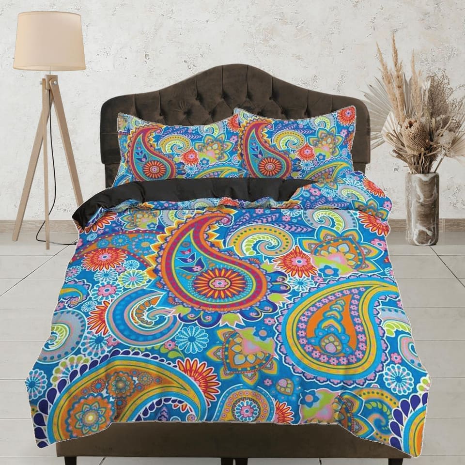 Colorful paisley blue duvet cover set, aesthetic room decor bedding set full, king, queen size, abstract boho bedspread, l…