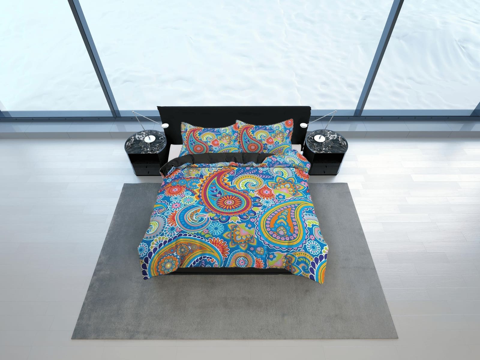 Colorful paisley blue duvet cover set, aesthetic room decor bedding set full, king, queen size, abstract boho bedspread, l…
