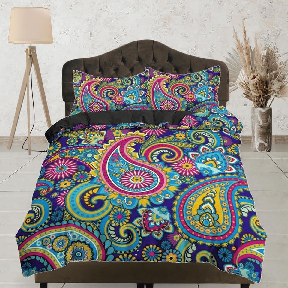 Colorful paisley pink blue duvet cover set, aesthetic room decor bedding set full, king, queen size, abstract boho bedspre…