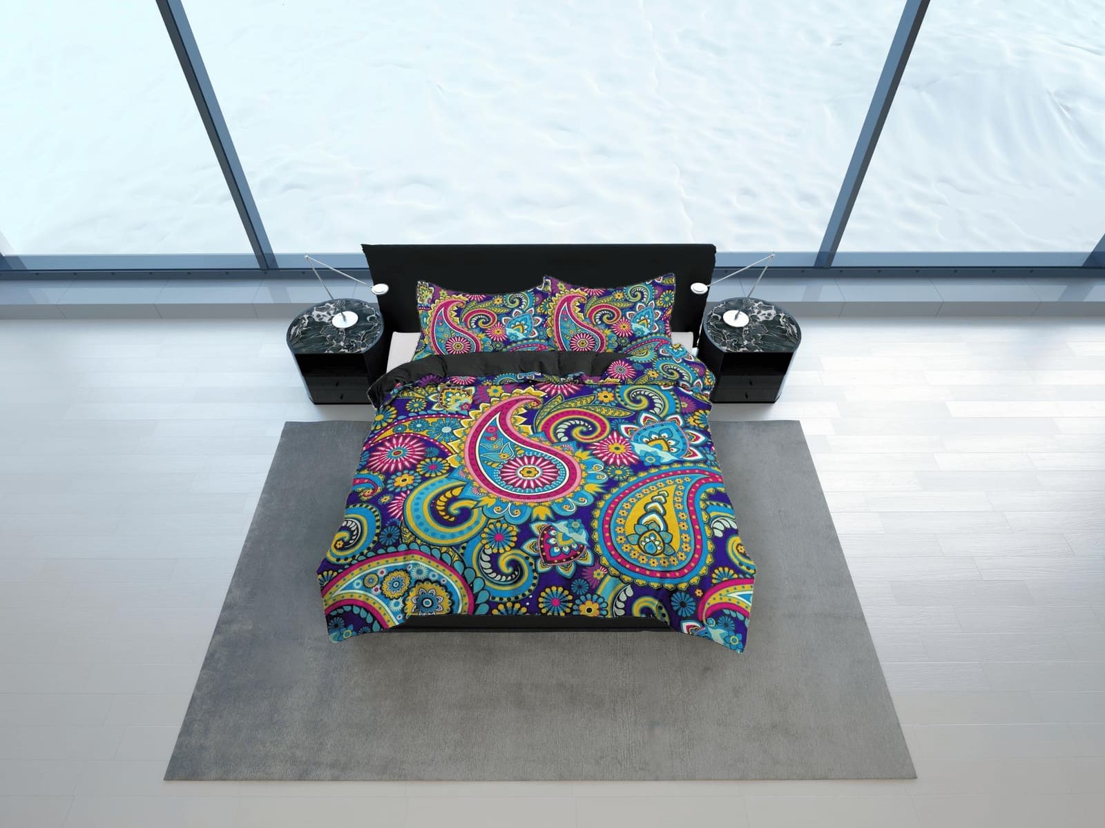 Colorful paisley pink blue duvet cover set, aesthetic room decor bedding set full, king, queen size, abstract boho bedspre…