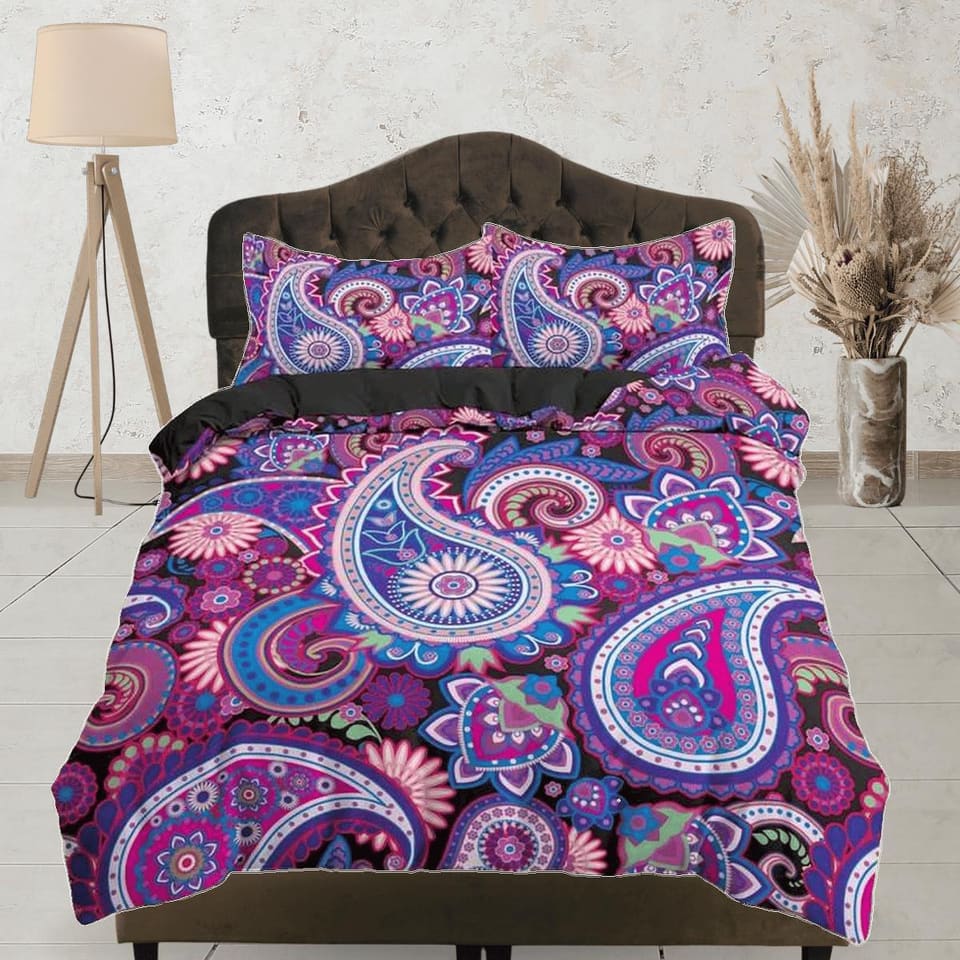 Colorful paisley purple duvet cover set, aesthetic room decor bedding set full, king, queen size, abstract boho bedspread,…