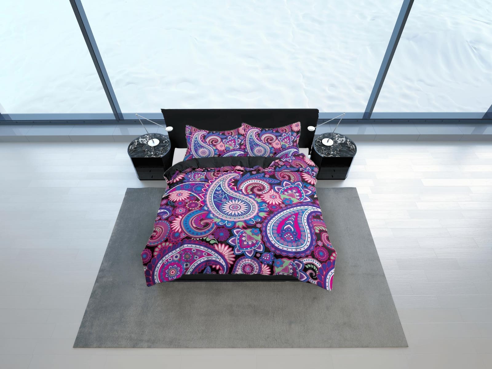 Colorful paisley purple duvet cover set, aesthetic room decor bedding set full, king, queen size, abstract boho bedspread,…
