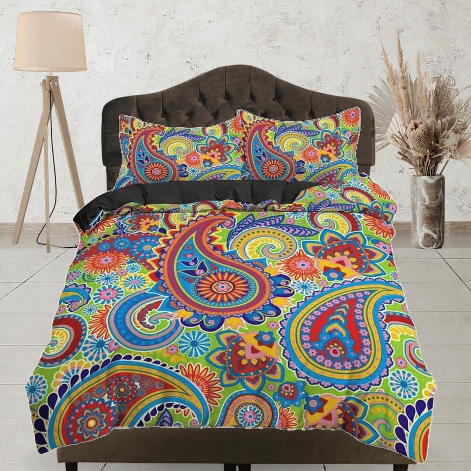 Colorful paisley yellow green duvet cover set, aesthetic room decor bedding set full, king, queen size, abstract boho beds…