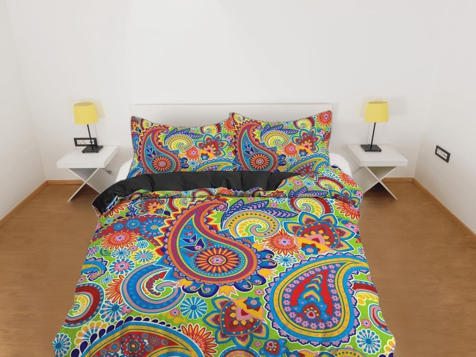 Colorful paisley yellow green duvet cover set, aesthetic room decor bedding set full, king, queen size, abstract boho beds…