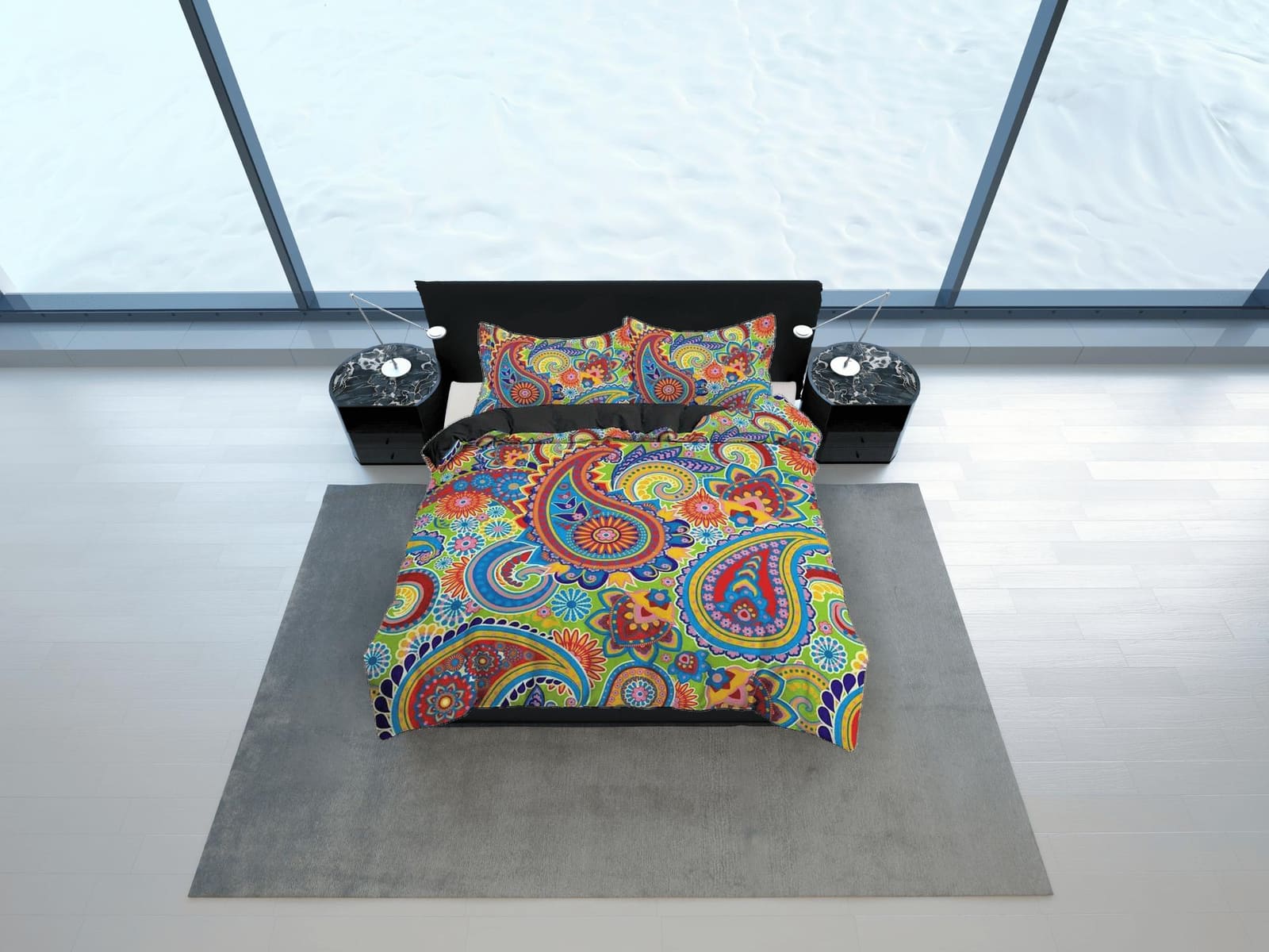 Colorful paisley yellow green duvet cover set, aesthetic room decor bedding set full, king, queen size, abstract boho beds…