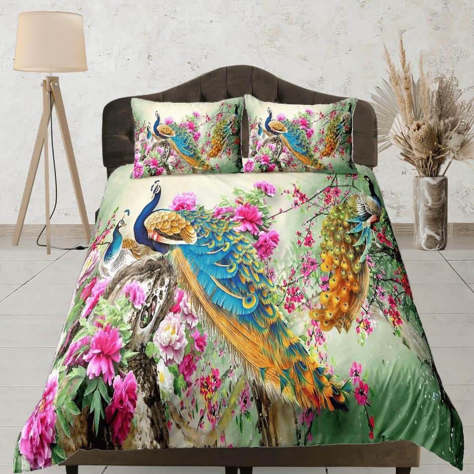 Colorful peacock aesthetic bedding set full, luxury duvet cover queen, king, boho duvet, designer bedding, maximalist deco…