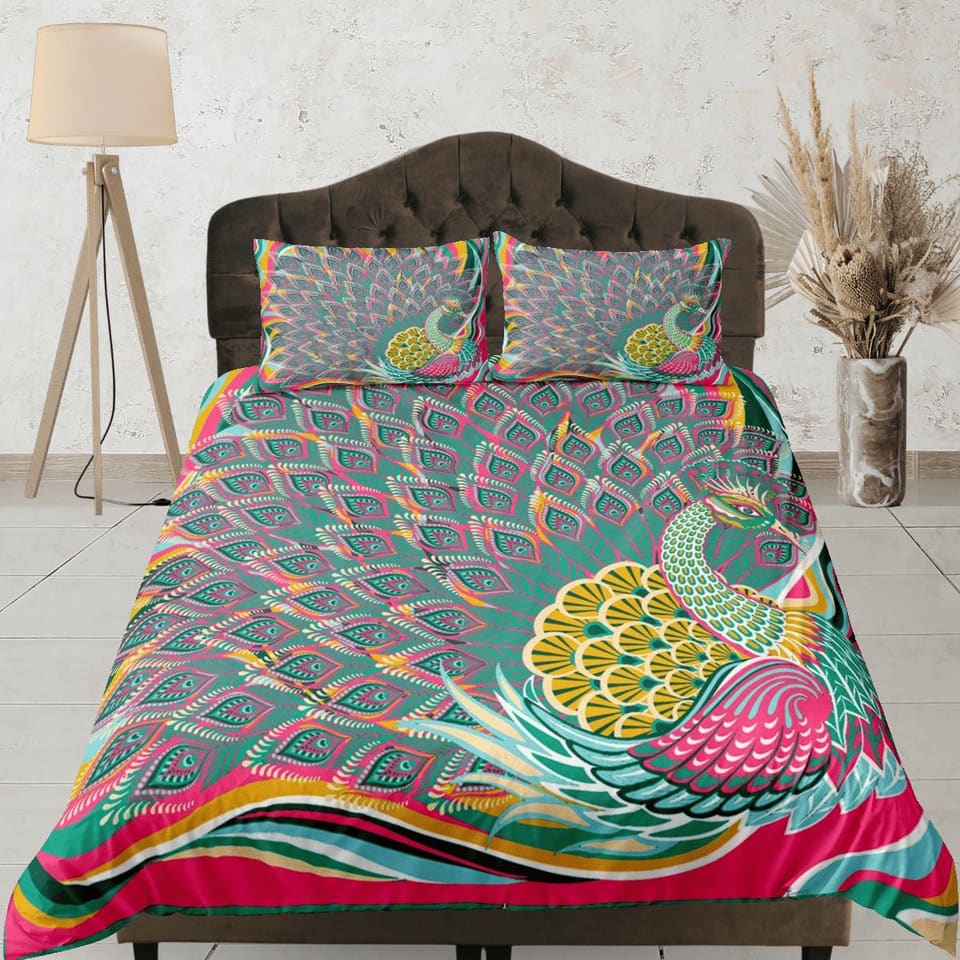 Colorful peacock decor aesthetic bedding set full, luxury duvet cover queen, king, boho duvet, designer bedding, maximalis…