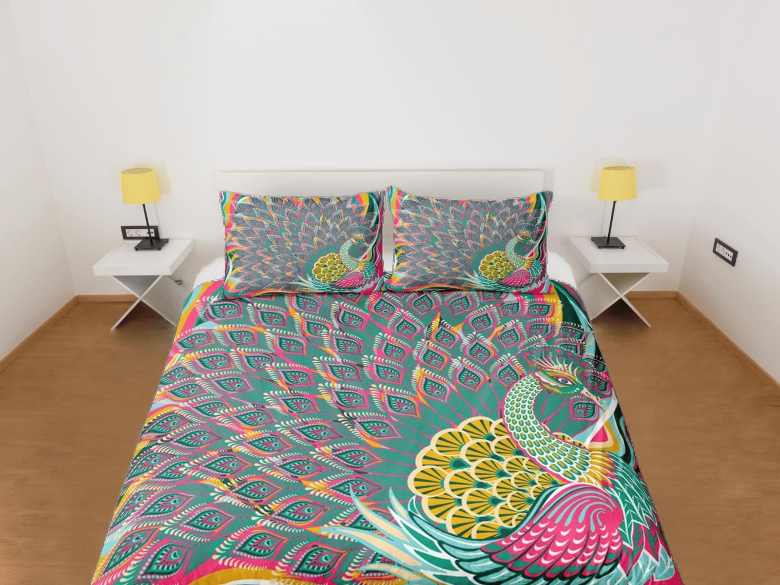 Colorful peacock decor aesthetic bedding set full, luxury duvet cover queen, king, boho duvet, designer bedding, maximalis…