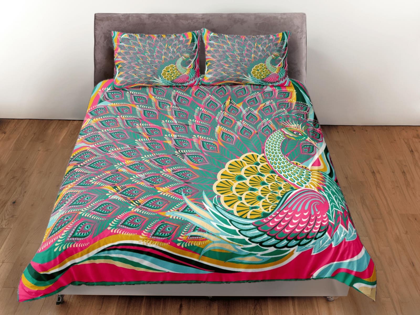 Colorful peacock decor aesthetic bedding set full, luxury duvet cover queen, king, boho duvet, designer bedding, maximalis…