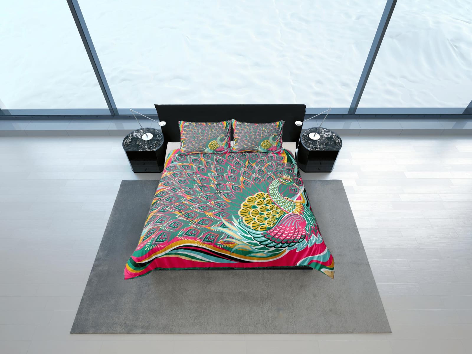 Colorful peacock decor aesthetic bedding set full, luxury duvet cover queen, king, boho duvet, designer bedding, maximalis…