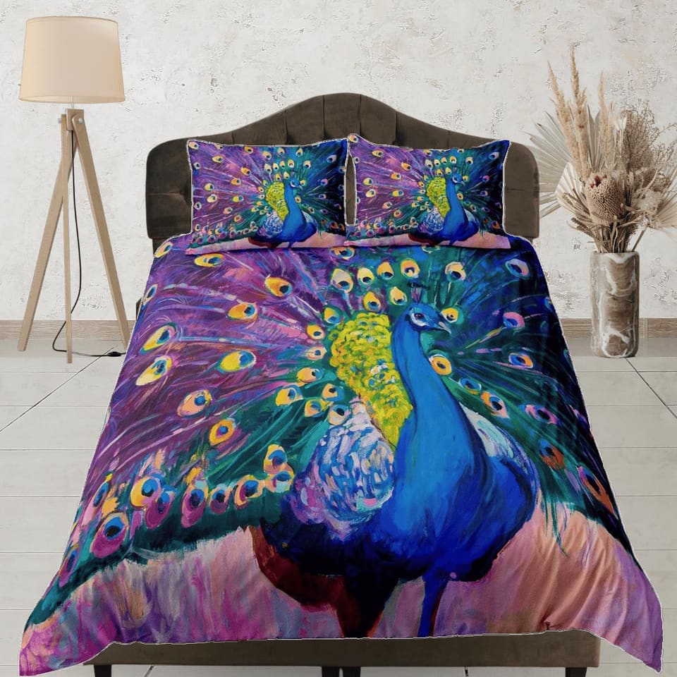 Colorful peacock decor aesthetic bedding set full, luxury duvet cover queen, king, boho duvet, designer bedding, maximalis…