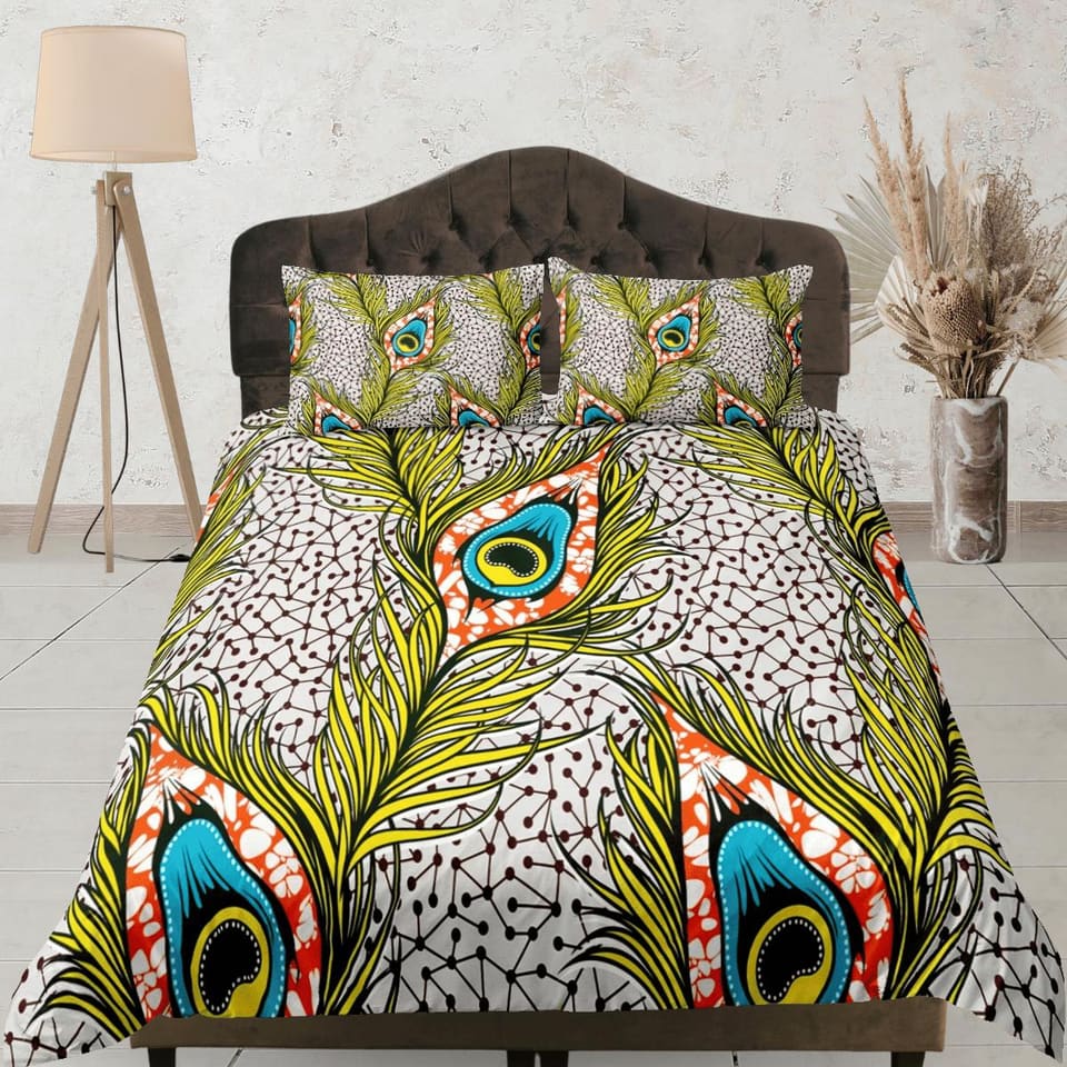 Colorful peacock feather african bedding set duvet cover, boho bedding peacock decor ethnic afrocentric designer bedding,…