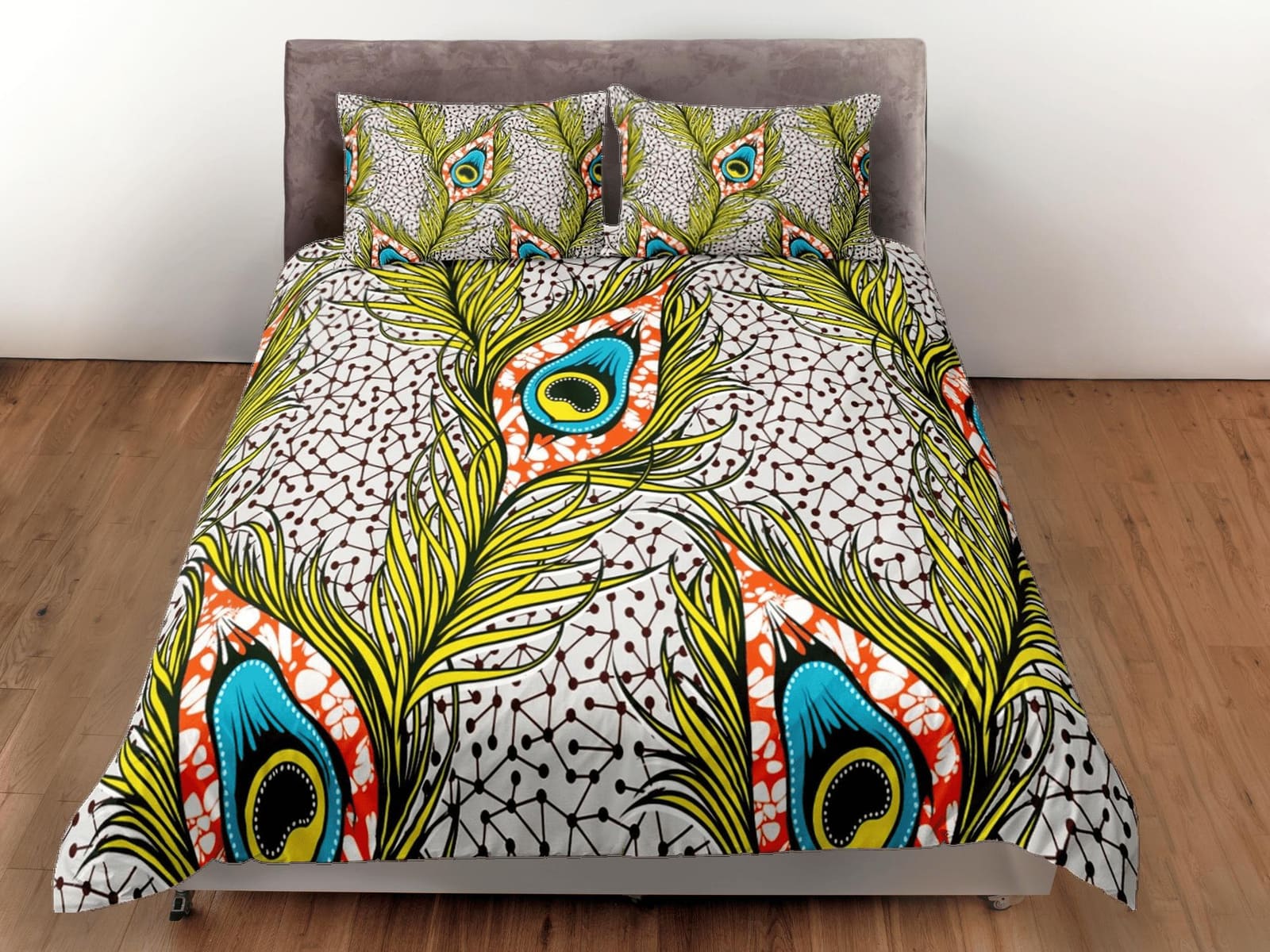 Colorful peacock feather african bedding set duvet cover, boho bedding peacock decor ethnic afrocentric designer bedding,…