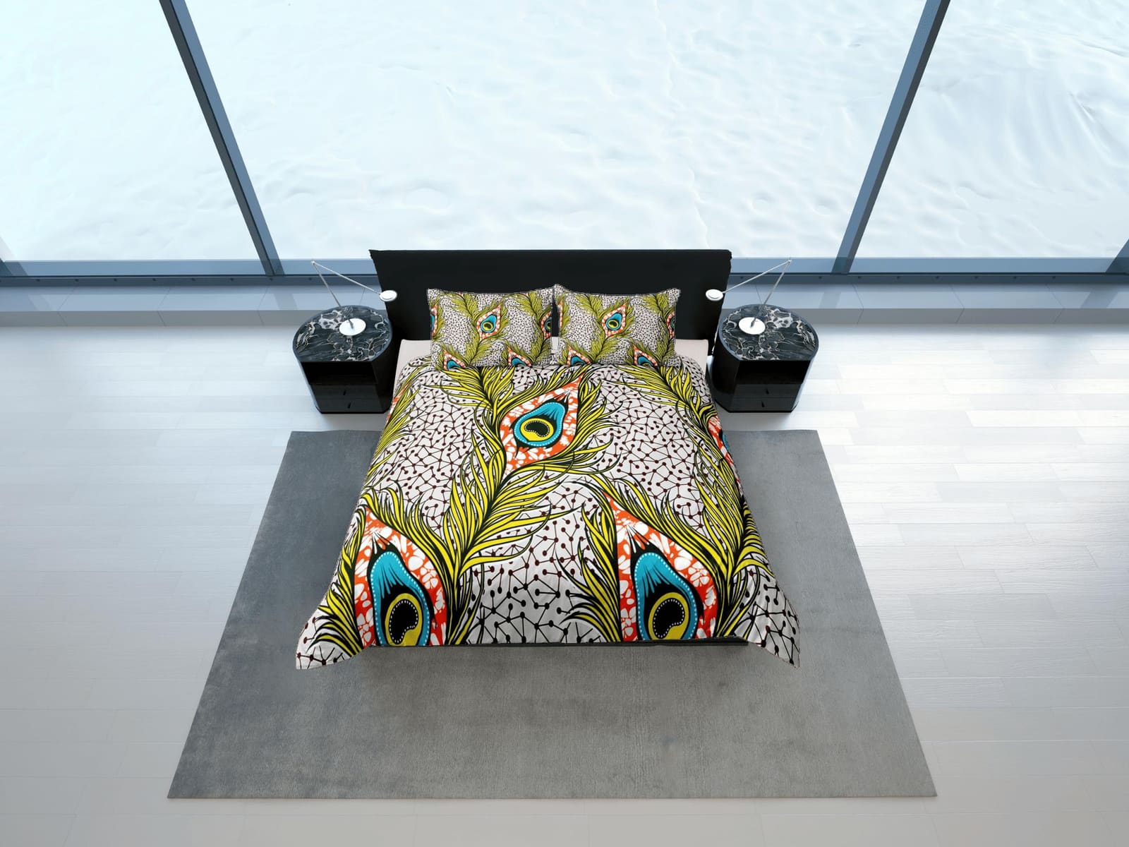 Colorful peacock feather african bedding set duvet cover, boho bedding peacock decor ethnic afrocentric designer bedding,…