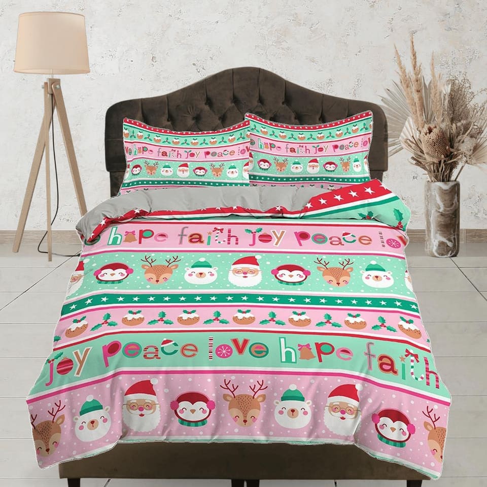 Colorful pink and green santa claus duvet cover set christmas full size bedding & pillowcase, college bedding, toddler bed…