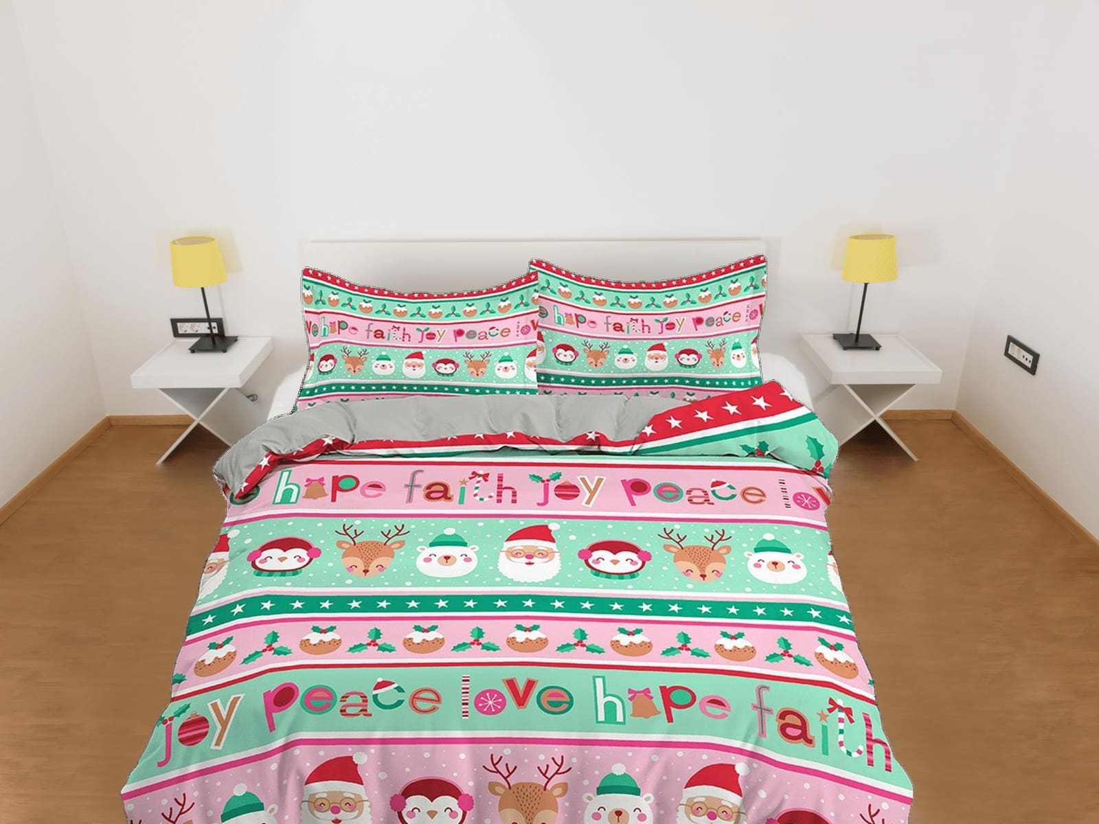 Colorful pink and green santa claus duvet cover set christmas full size bedding & pillowcase, college bedding, toddler bed…