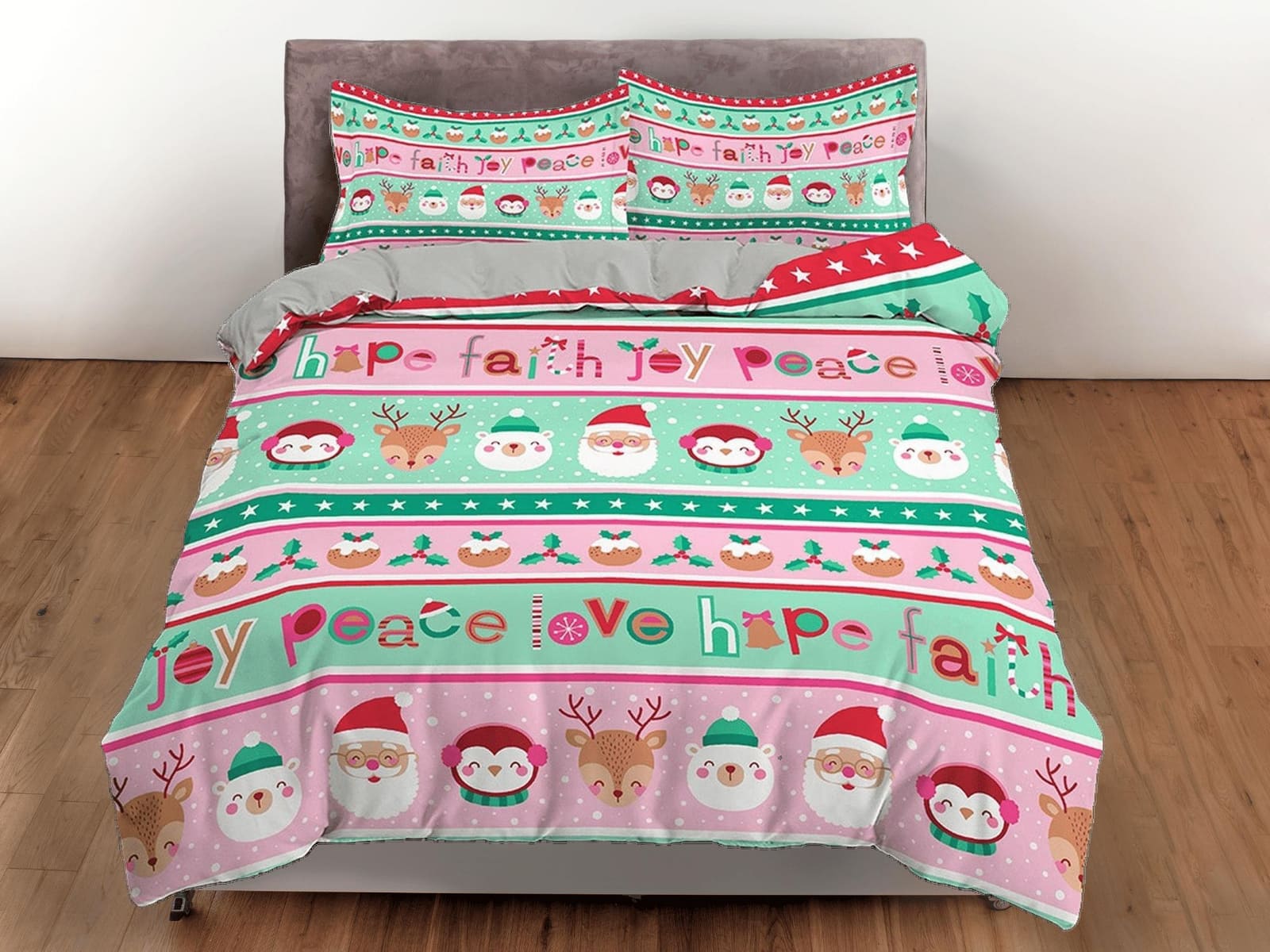 Colorful pink and green santa claus duvet cover set christmas full size bedding & pillowcase, college bedding, toddler bed…