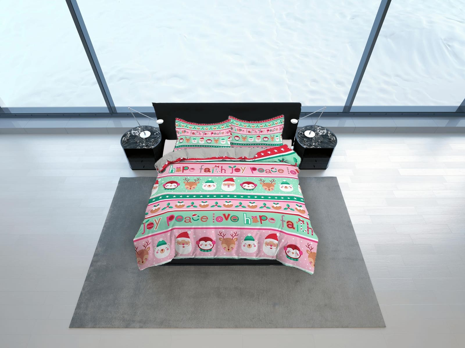 Colorful pink and green santa claus duvet cover set christmas full size bedding & pillowcase, college bedding, toddler bed…