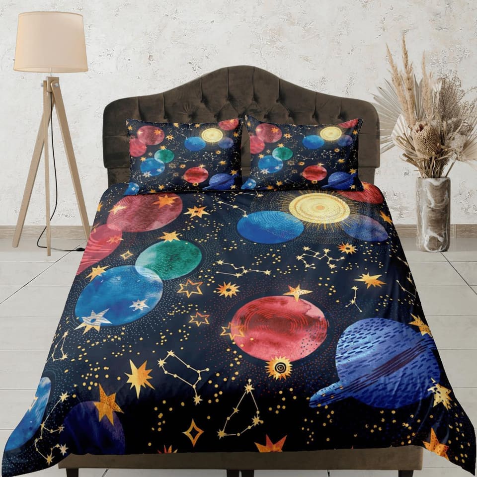 Colorful planets galaxy bedding, 3D outer space bedding set full, cosmic duvet cover king, queen, dorm bedding, toddler be…