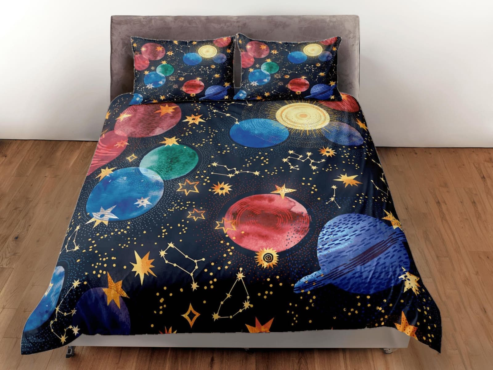Colorful planets galaxy bedding, 3D outer space bedding set full, cosmic duvet cover king, queen, dorm bedding, toddler be…