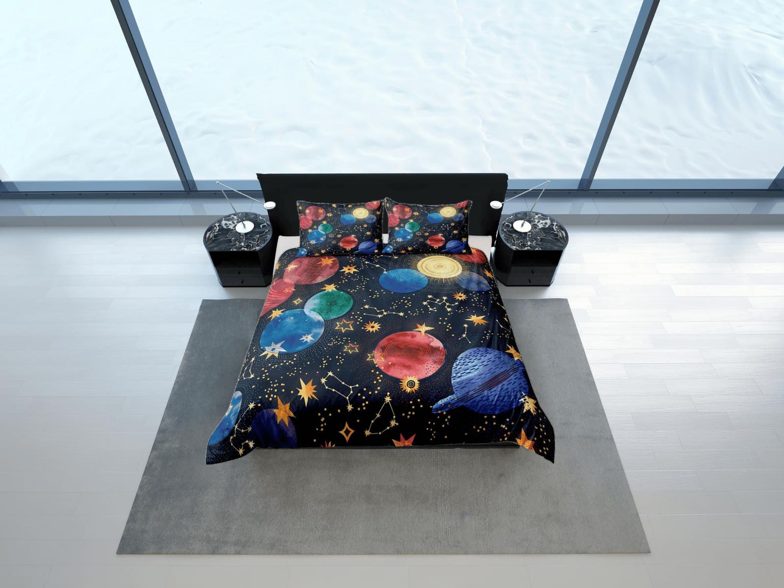 Colorful planets galaxy bedding, 3D outer space bedding set full, cosmic duvet cover king, queen, dorm bedding, toddler be…