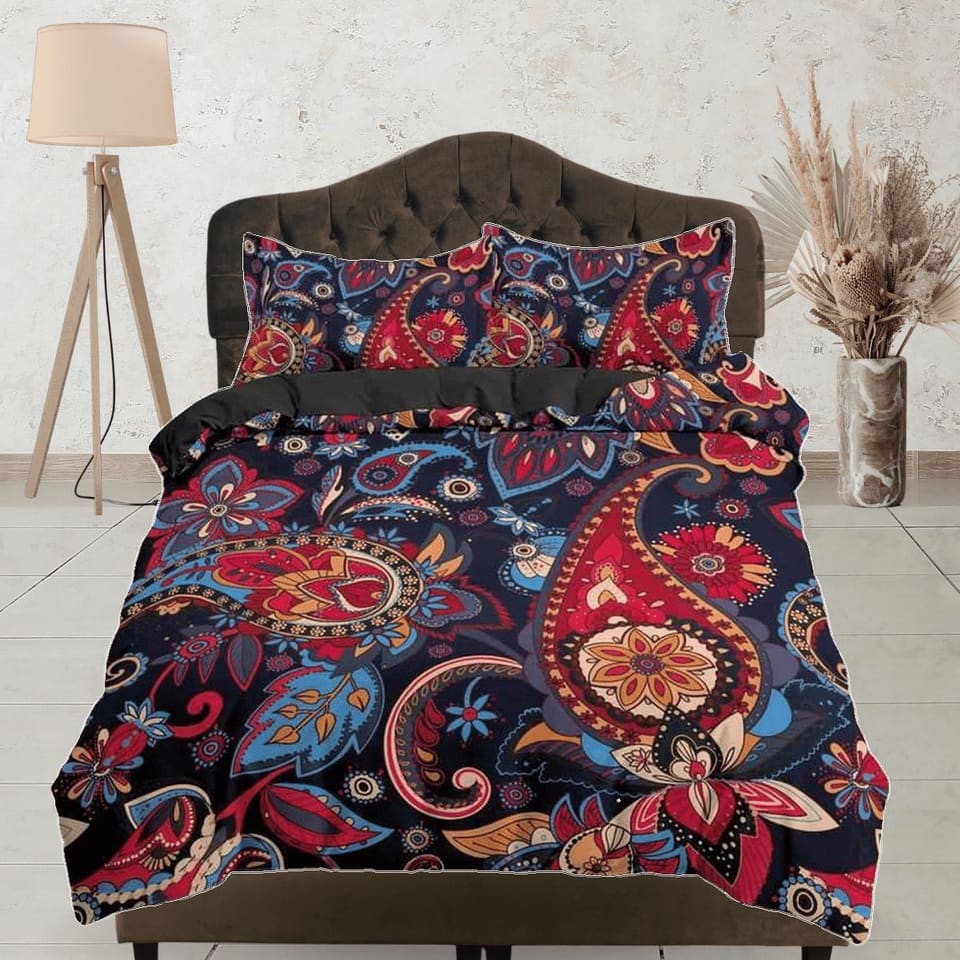 Colorful red paisley dark blue duvet cover set, aesthetic room decor bedding set full, king, queen size, abstract boho bed…