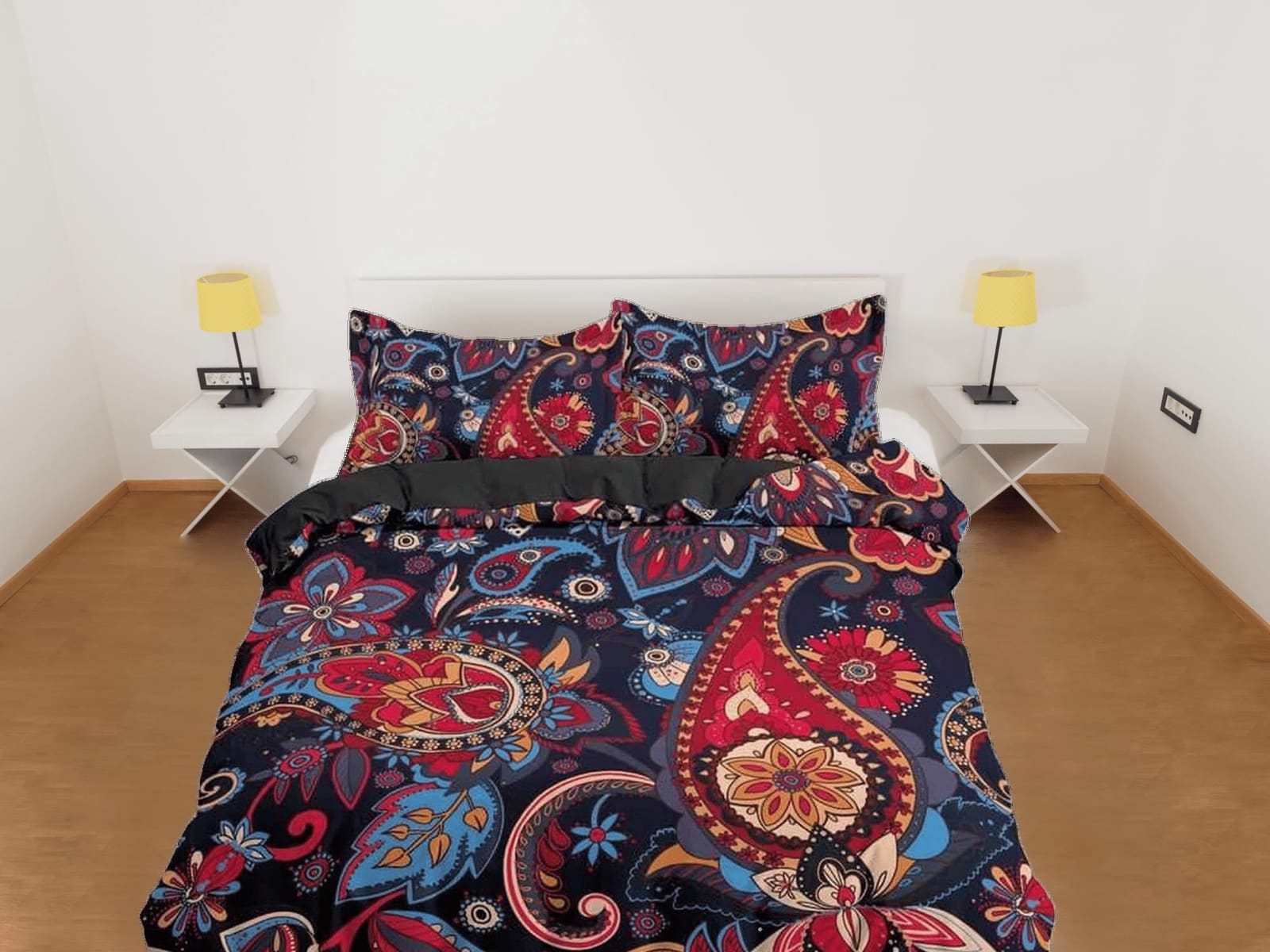 Colorful red paisley dark blue duvet cover set, aesthetic room decor bedding set full, king, queen size, abstract boho bed…