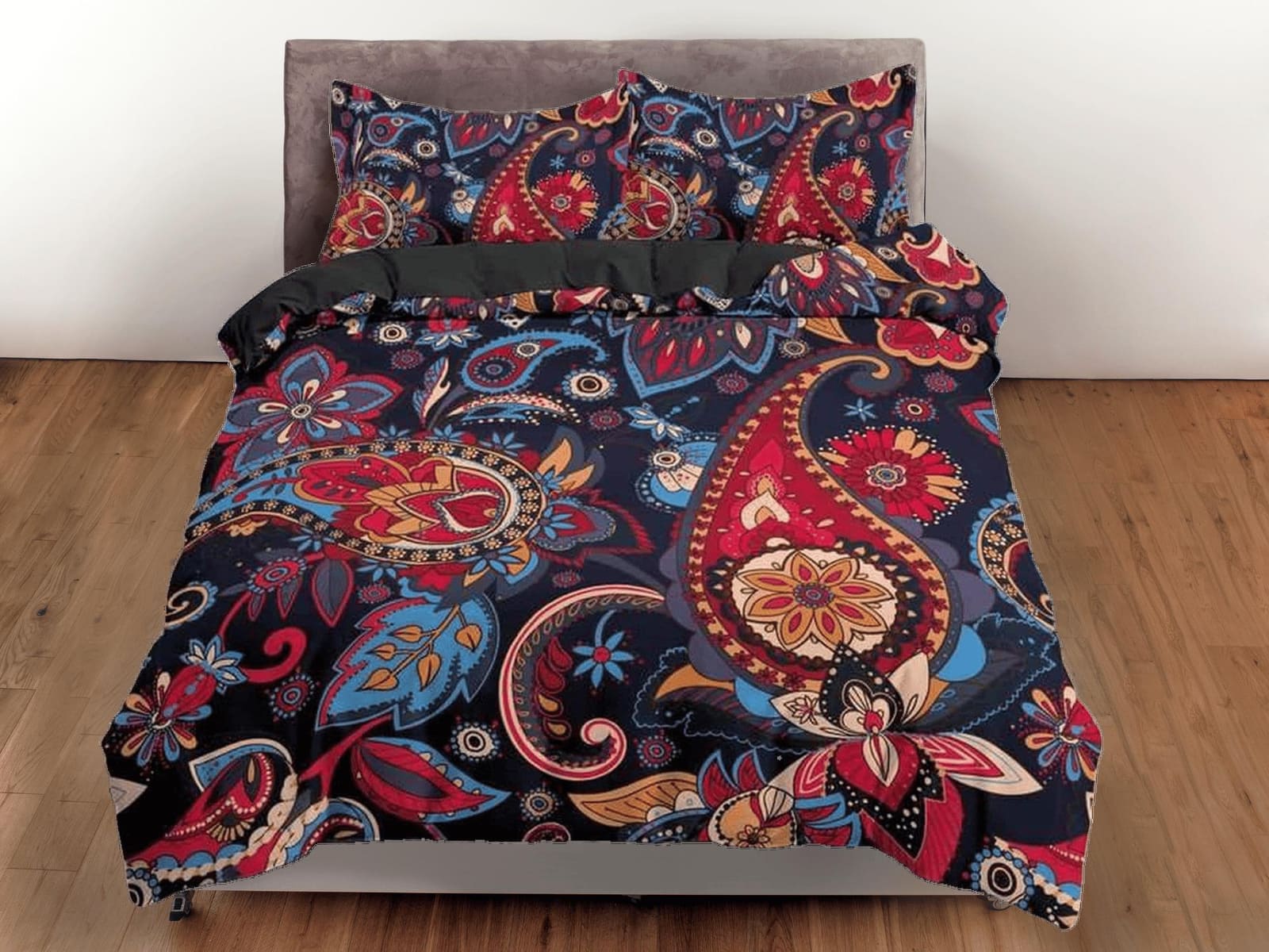 Colorful red paisley dark blue duvet cover set, aesthetic room decor bedding set full, king, queen size, abstract boho bed…