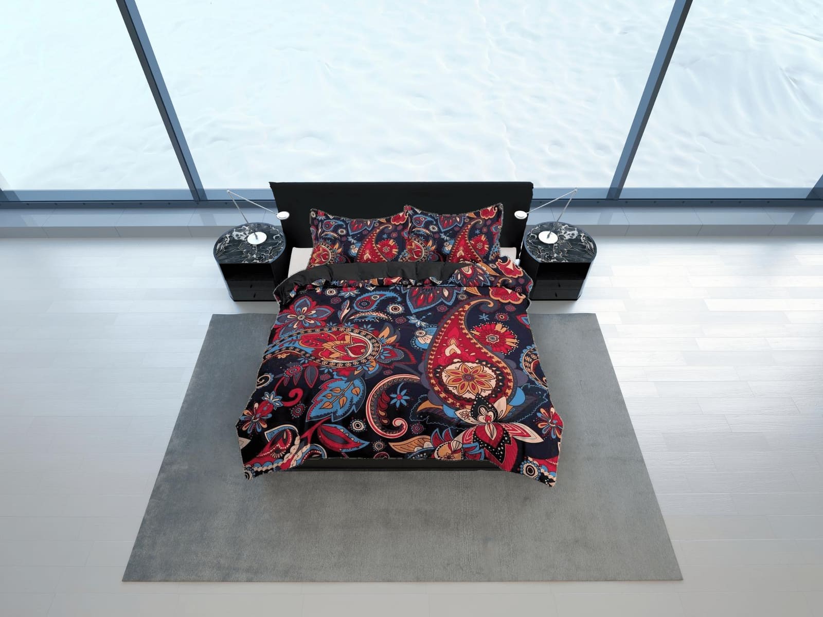 Colorful red paisley dark blue duvet cover set, aesthetic room decor bedding set full, king, queen size, abstract boho bed…