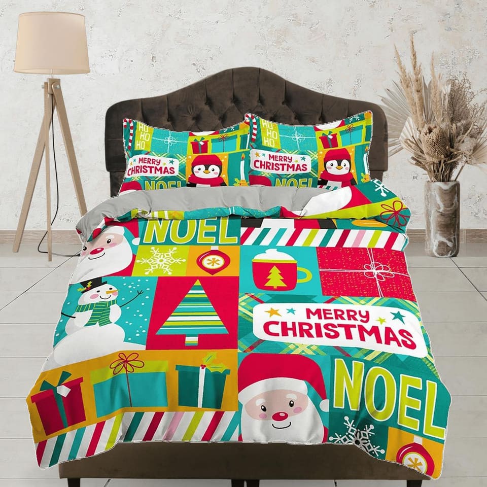 Colorful santa claus snowman duvet cover set christmas full size bedding & pillowcase, college bedding, crib toddler beddi…