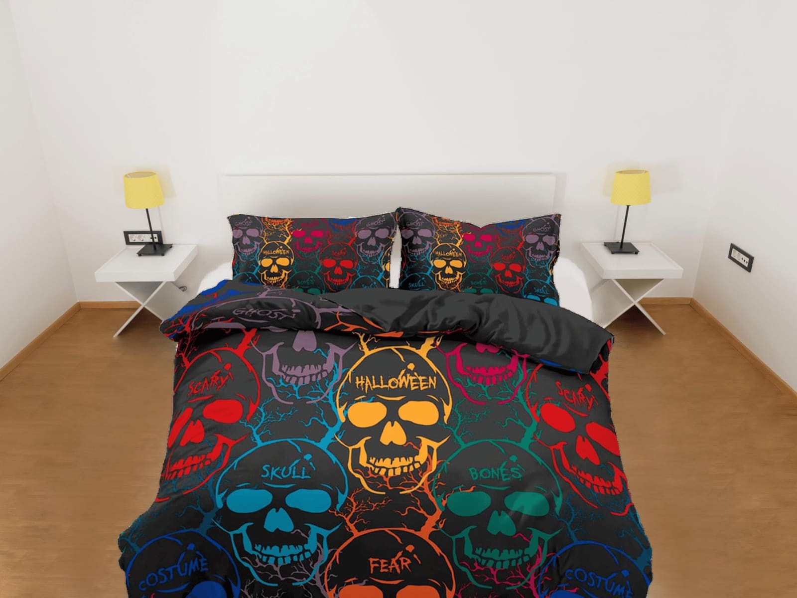 Colorful Skulls Black Duvet Cover Set Bedspread, Dorm Bedding with Pillowcase