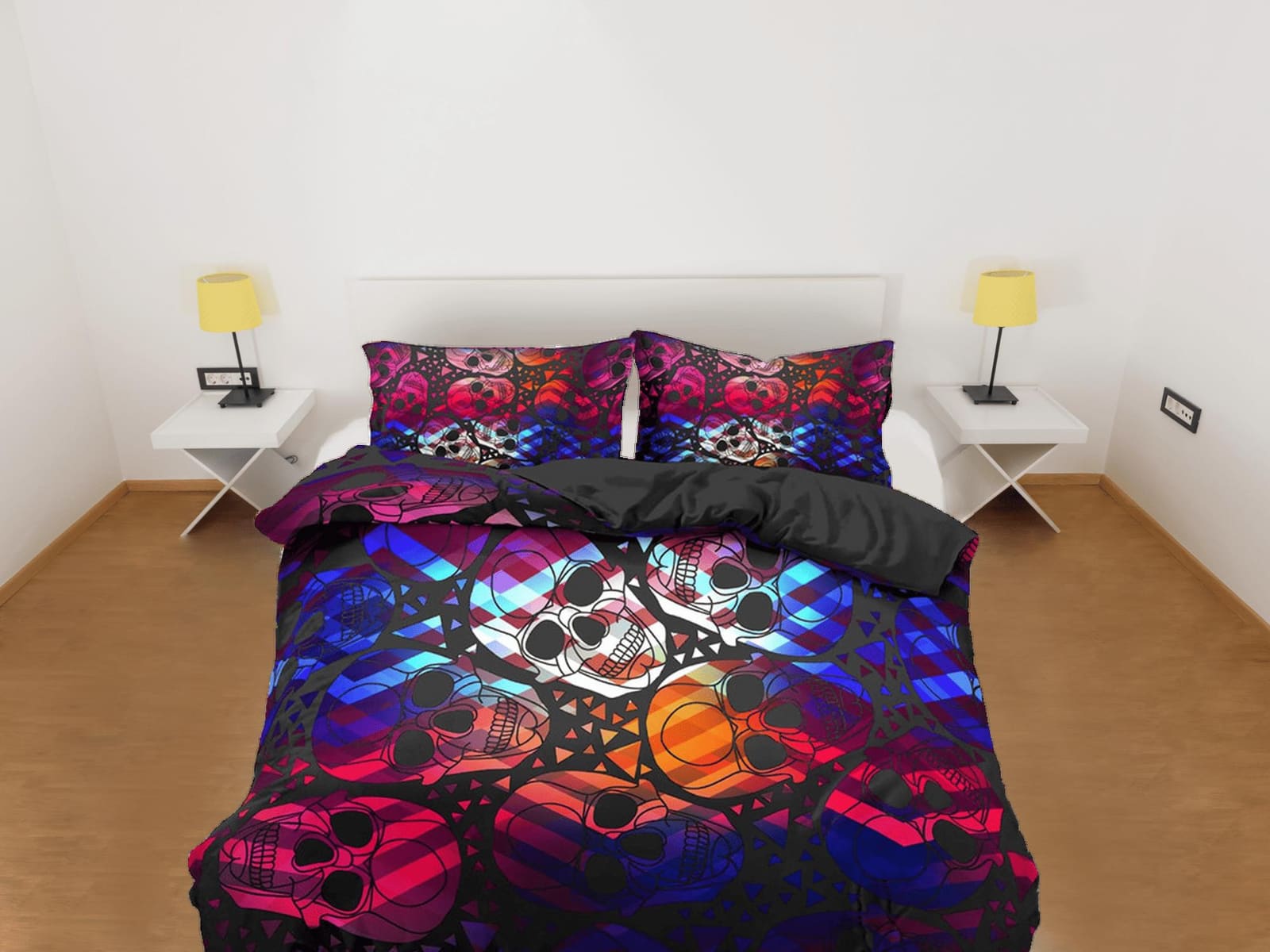 Colorful Skulls Black Duvet Cover Set Bedspread, Dorm Bedding with Pillowcase
