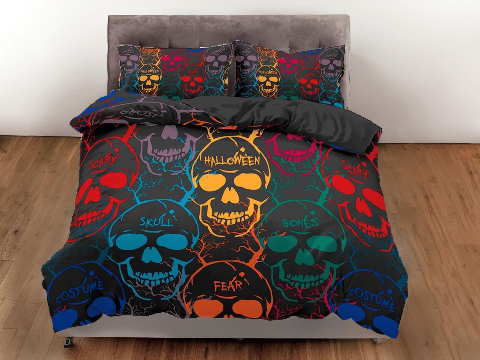 Colorful Skulls Black Duvet Cover Set Bedspread, Dorm Bedding with Pillowcase