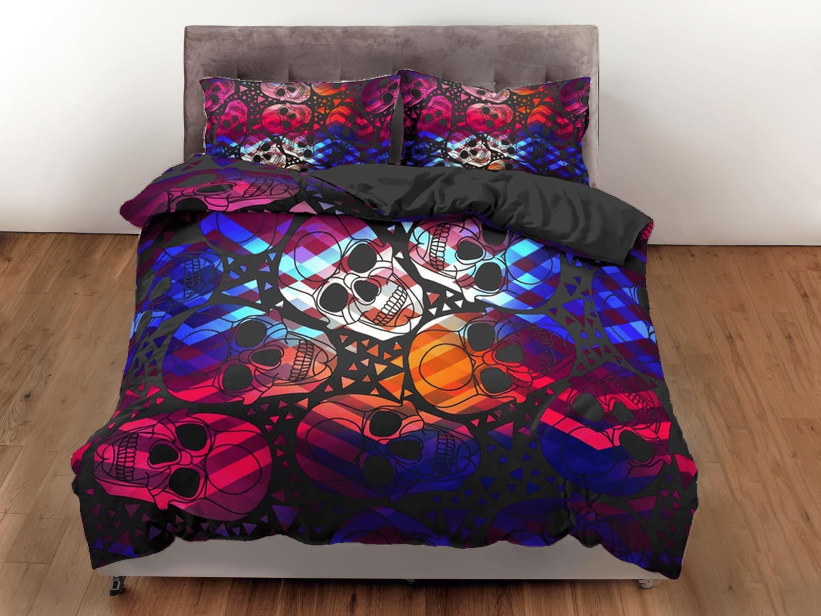 Colorful Skulls Black Duvet Cover Set Bedspread, Dorm Bedding with Pillowcase