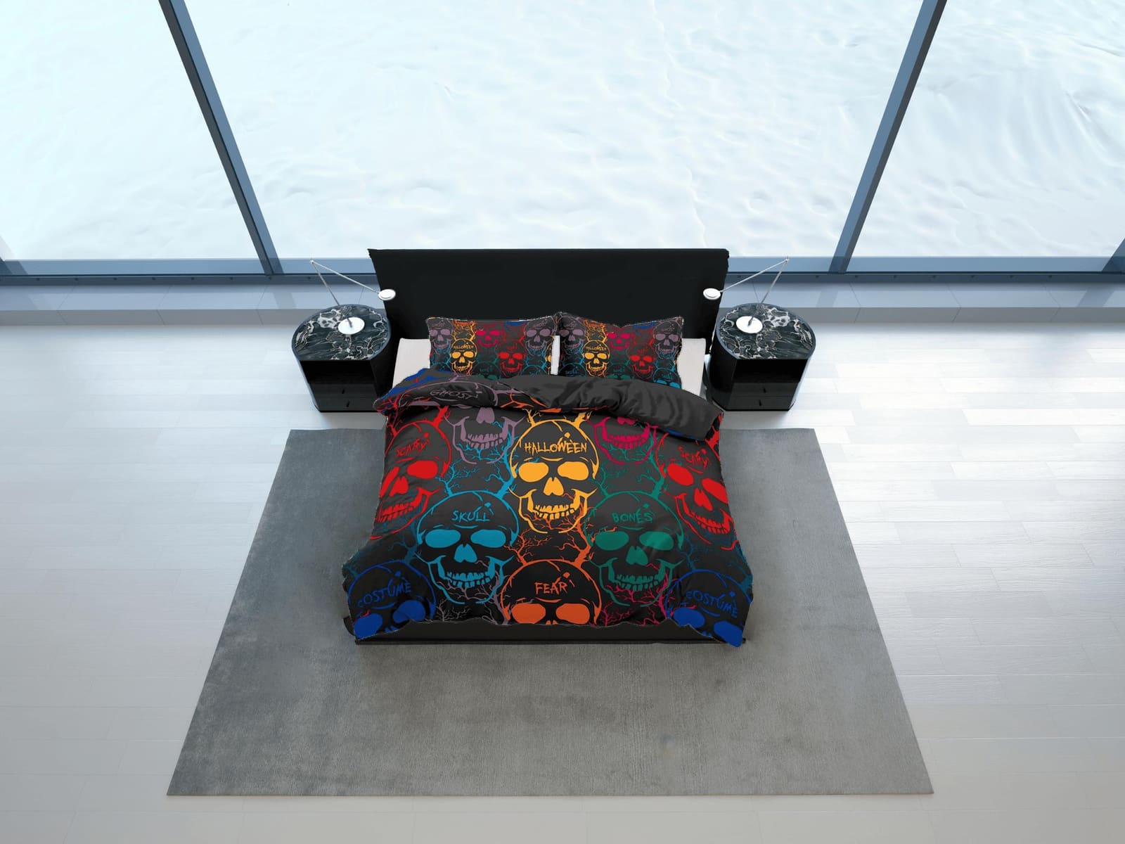 Colorful Skulls Black Duvet Cover Set Bedspread, Dorm Bedding with Pillowcase