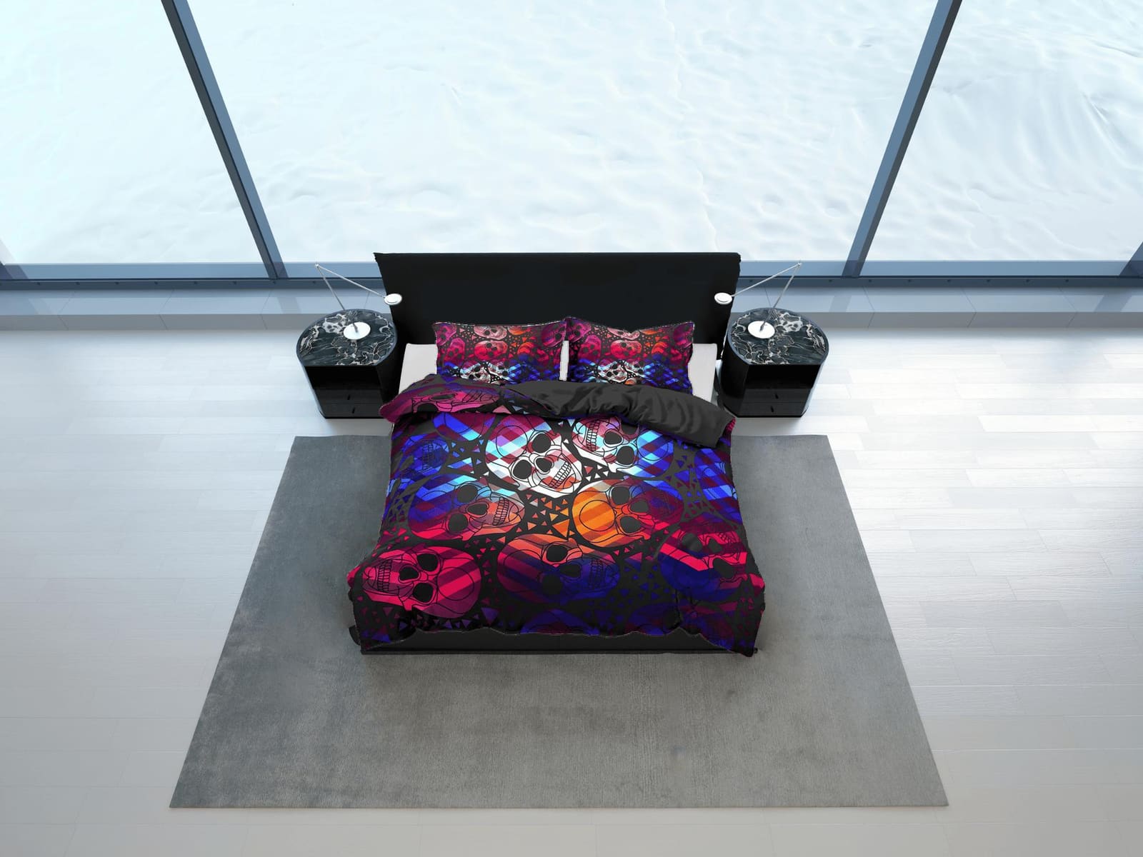 Colorful Skulls Black Duvet Cover Set Bedspread, Dorm Bedding with Pillowcase