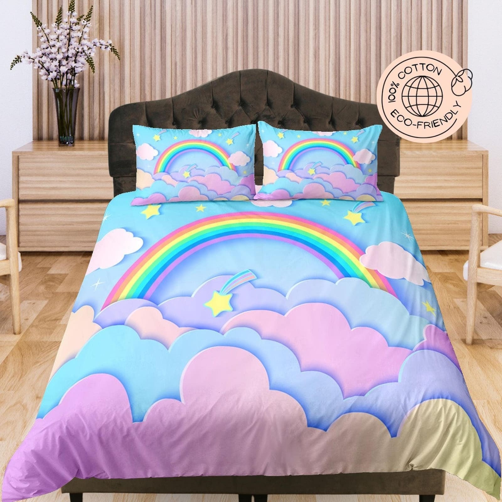 Colorful Sky Rainbow Cotton Duvet Cover Set for Kids, Pastel Colors, Purple and Pink Toddler Bedding, Baby Zipper Bedding,…