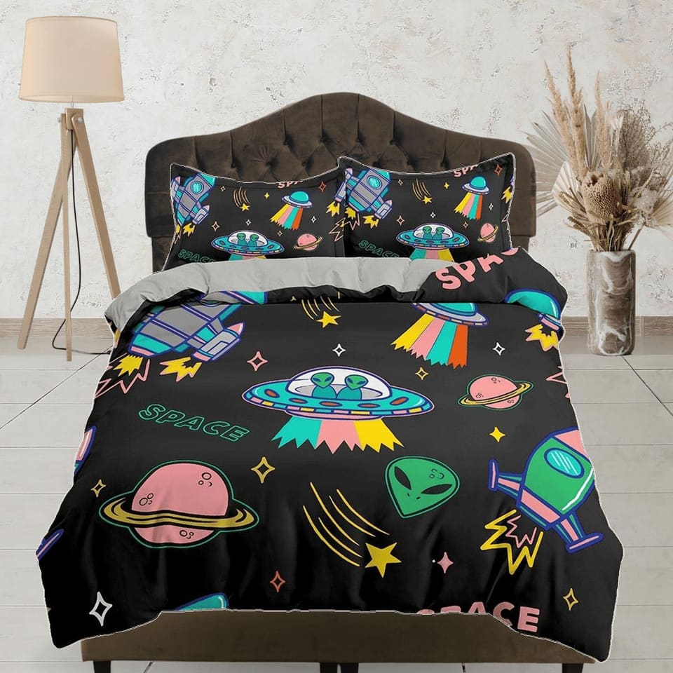 Colorful Spaceship Galaxy Bedding, Duvet Cover Set & Pillowcase, Zipper Bedding, Dorm Bedding, Teens Adult Duvet King Quee…
