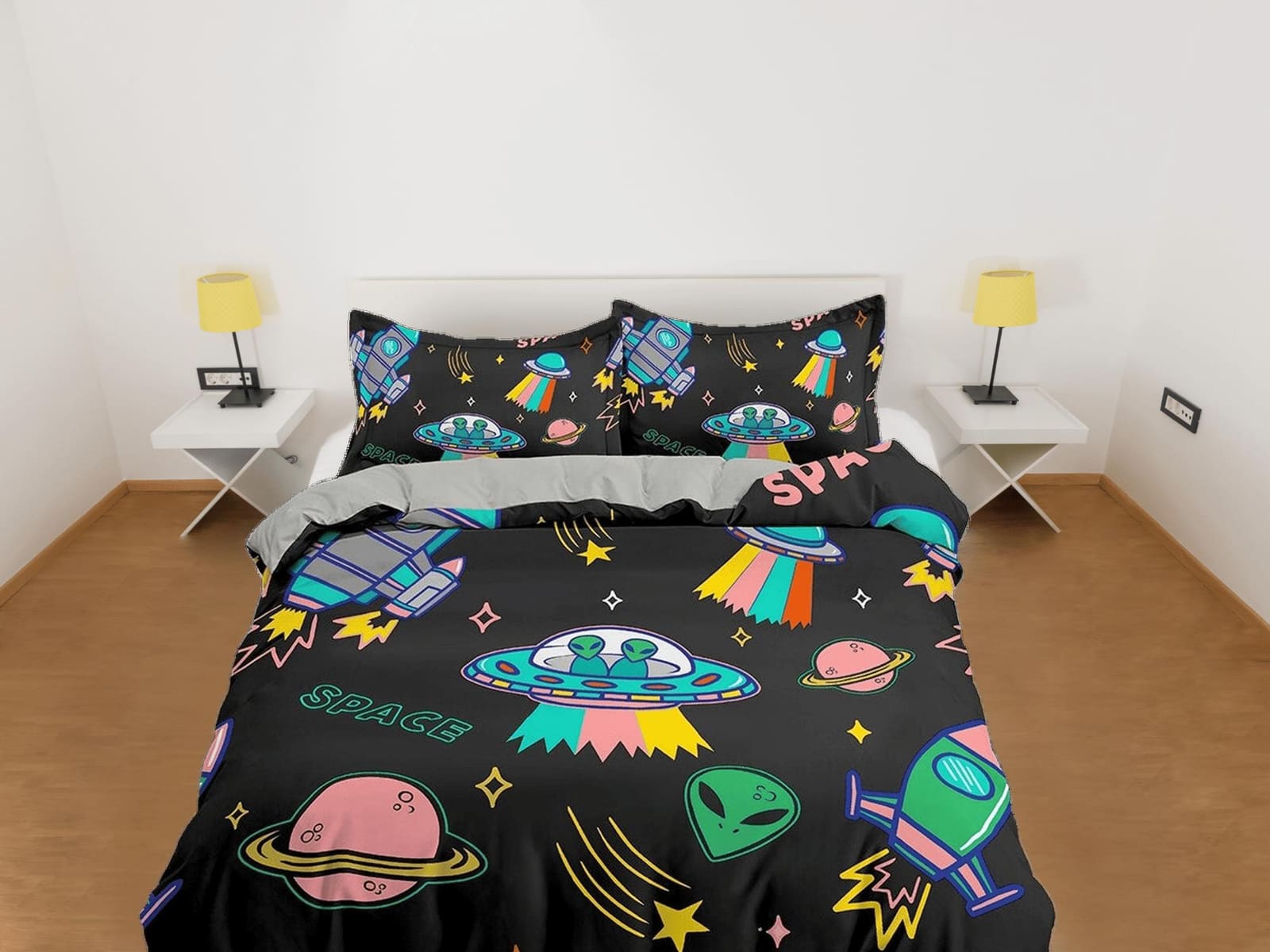 Colorful Spaceship Galaxy Bedding, Duvet Cover Set & Pillowcase, Zipper Bedding, Dorm Bedding, Teens Adult Duvet King Quee…