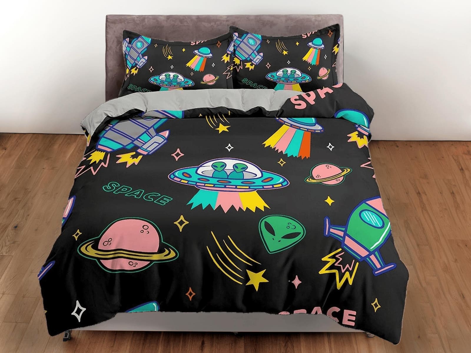 Colorful Spaceship Galaxy Bedding, Duvet Cover Set & Pillowcase, Zipper Bedding, Dorm Bedding, Teens Adult Duvet King Quee…